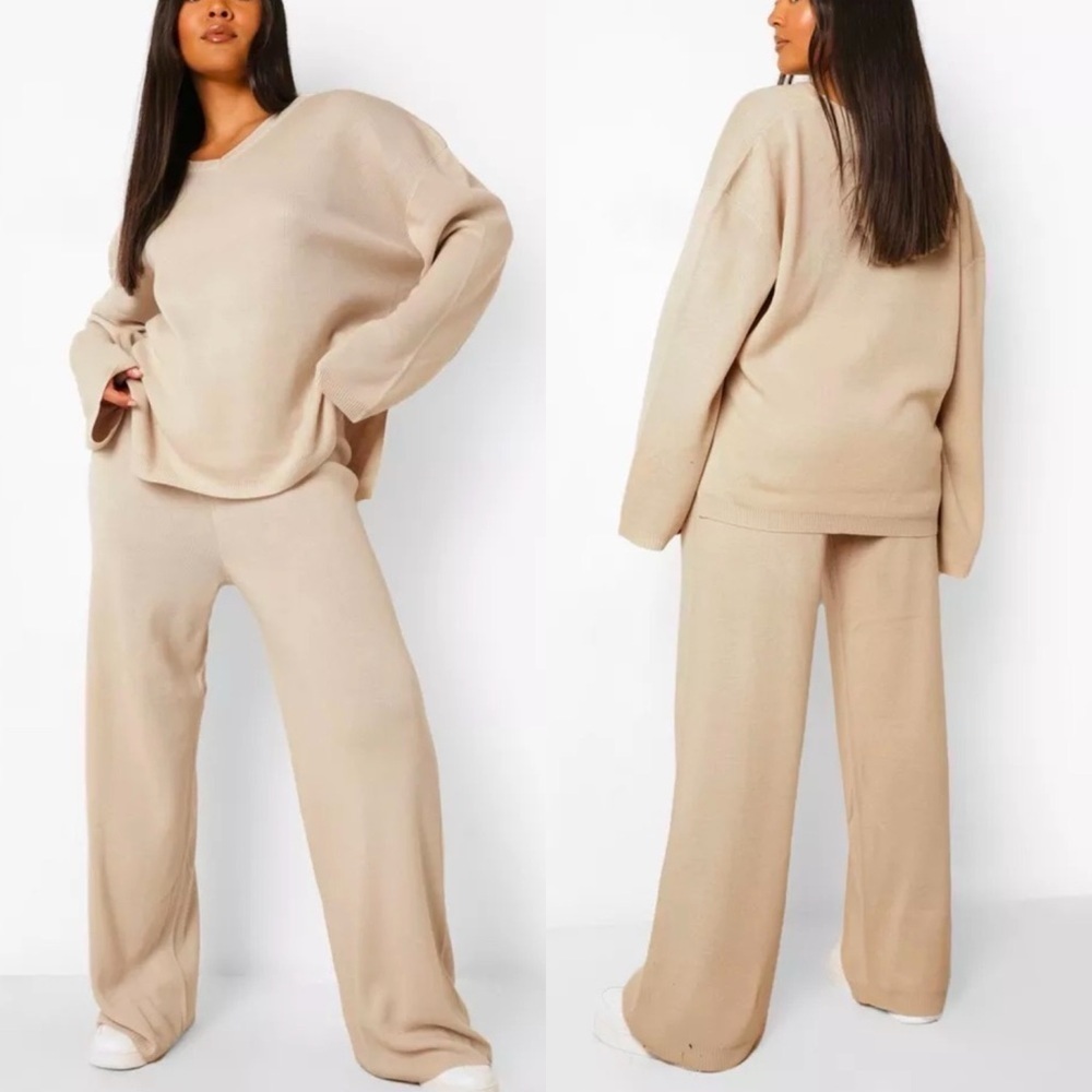 boohoo knit sweater ivory stone v-neck wide leg pant set athleisure pajama M